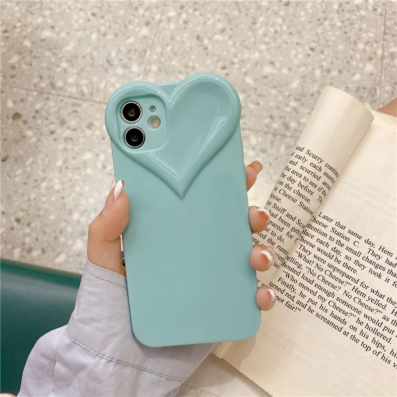 3D Love Heart Cute Phone Case For iPhone Air 14 11 12 13 15 16 17 Pro Max Candy Color Solid Soft Silicone Tpu Back Cover