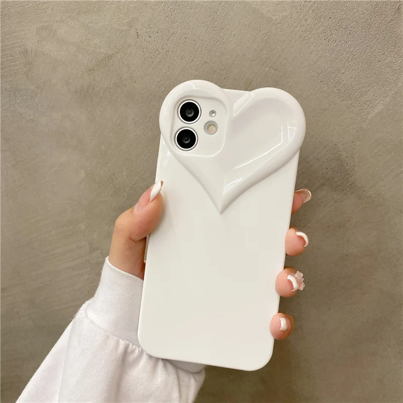 3D Love Heart Cute Phone Case For iPhone Air 14 11 12 13 15 16 17 Pro Max Candy Color Solid Soft Silicone Tpu Back Cover