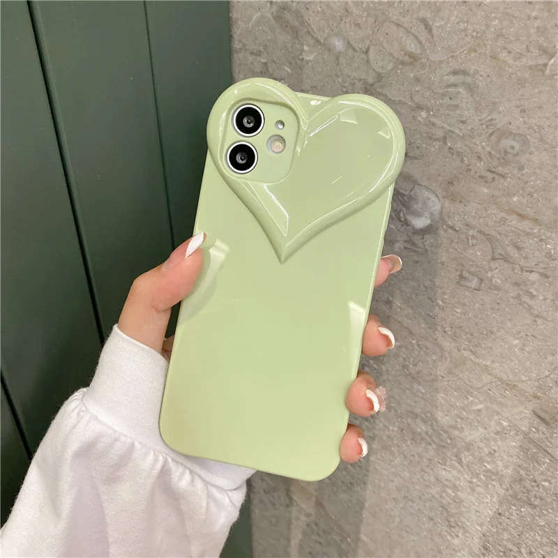 3D Love Heart Cute Phone Case For iPhone Air 14 11 12 13 15 16 17 Pro Max Candy Color Solid Soft Silicone Tpu Back Cover