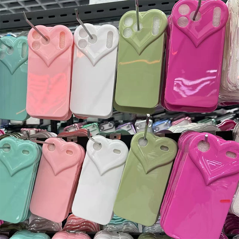 3D Love Heart Cute Phone Case For iPhone Air 14 11 12 13 15 16 17 Pro Max Candy Color Solid Soft Silicone Tpu Back Cover