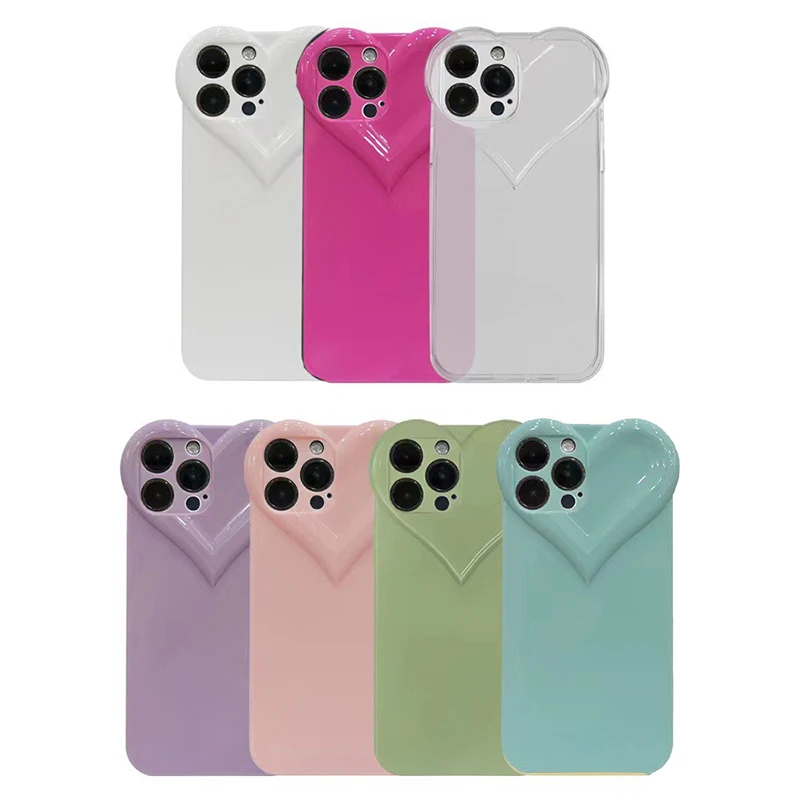 3D Love Heart Cute Phone Case For iPhone Air 14 11 12 13 15 16 17 Pro Max Candy Color Solid Soft Silicone Tpu Back Cover
