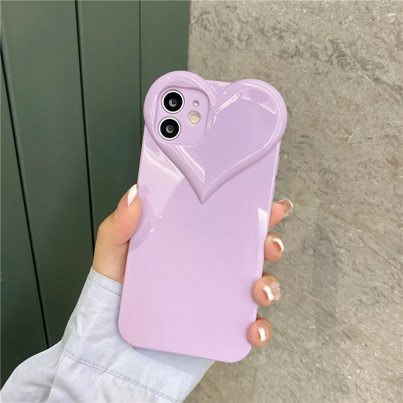 3D Love Heart Cute Phone Case For iPhone Air 14 11 12 13 15 16 17 Pro Max Candy Color Solid Soft Silicone Tpu Back Cover