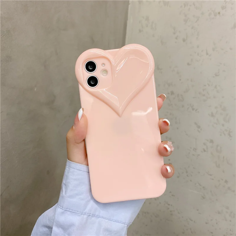 3D Love Heart Cute Phone Case For iPhone Air 14 11 12 13 15 16 17 Pro Max Candy Color Solid Soft Silicone Tpu Back Cover