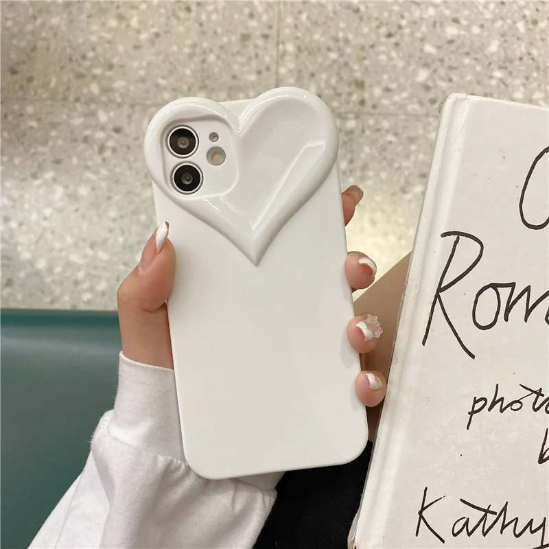 3D Love Heart Cute Phone Case For iPhone Air 14 11 12 13 15 16 17 Pro Max Candy Color Solid Soft Silicone Tpu Back Cover
