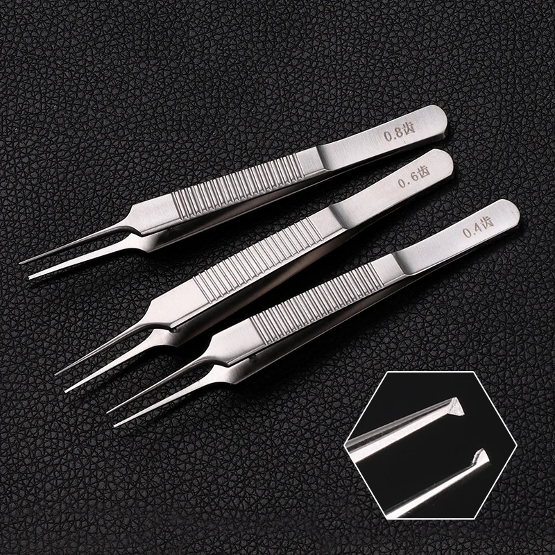 Stainless Steel Tweezers 10 cm Surgical Forceps Dental Insturment with 0.6 0.4 0.8mm teeth