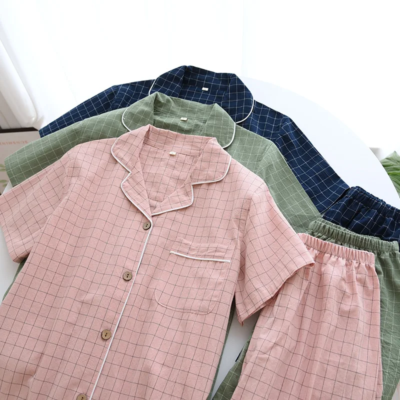 Summer New Couple Pajamas Two-piece Men's Plaid Short-sleeved Shorts 100% Cotton Gauze Ladies Simple Home Service Set Sleepwear