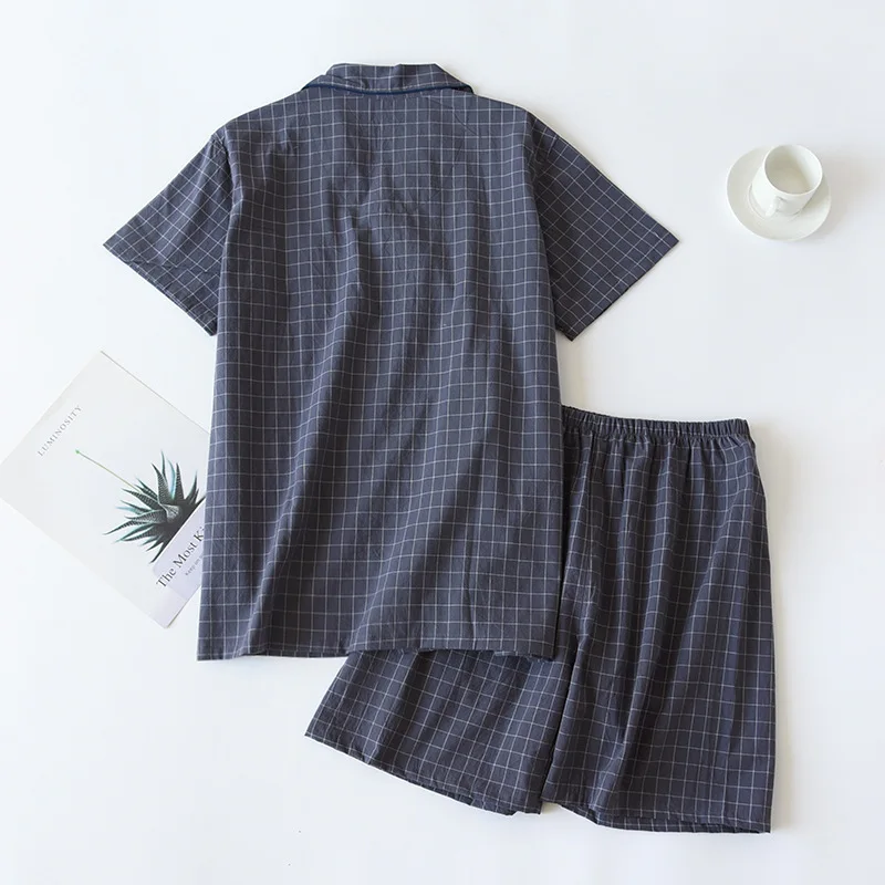 Summer New Couple Pajamas Two-piece Men's Plaid Short-sleeved Shorts 100% Cotton Gauze Ladies Simple Home Service Set Sleepwear