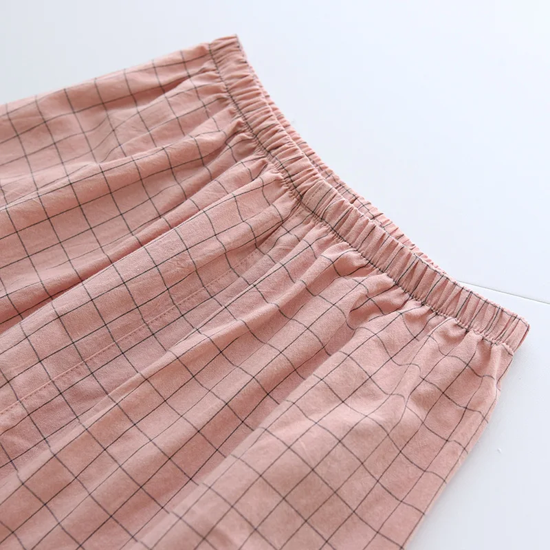 Summer New Couple Pajamas Two-piece Men's Plaid Short-sleeved Shorts 100% Cotton Gauze Ladies Simple Home Service Set Sleepwear