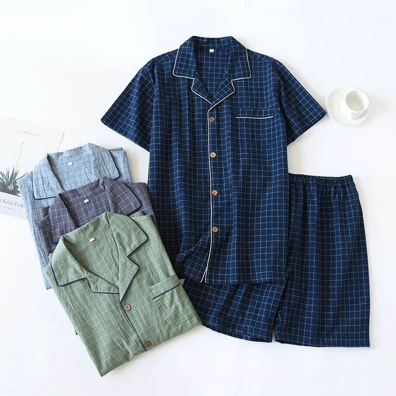 Summer New Couple Pajamas Two-piece Men's Plaid Short-sleeved Shorts 100% Cotton Gauze Ladies Simple Home Service Set Sleepwear