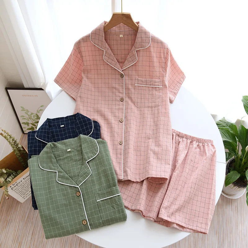 Summer New Couple Pajamas Two-piece Men's Plaid Short-sleeved Shorts 100% Cotton Gauze Ladies Simple Home Service Set Sleepwear
