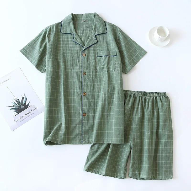 Summer New Couple Pajamas Two-piece Men's Plaid Short-sleeved Shorts 100% Cotton Gauze Ladies Simple Home Service Set Sleepwear
