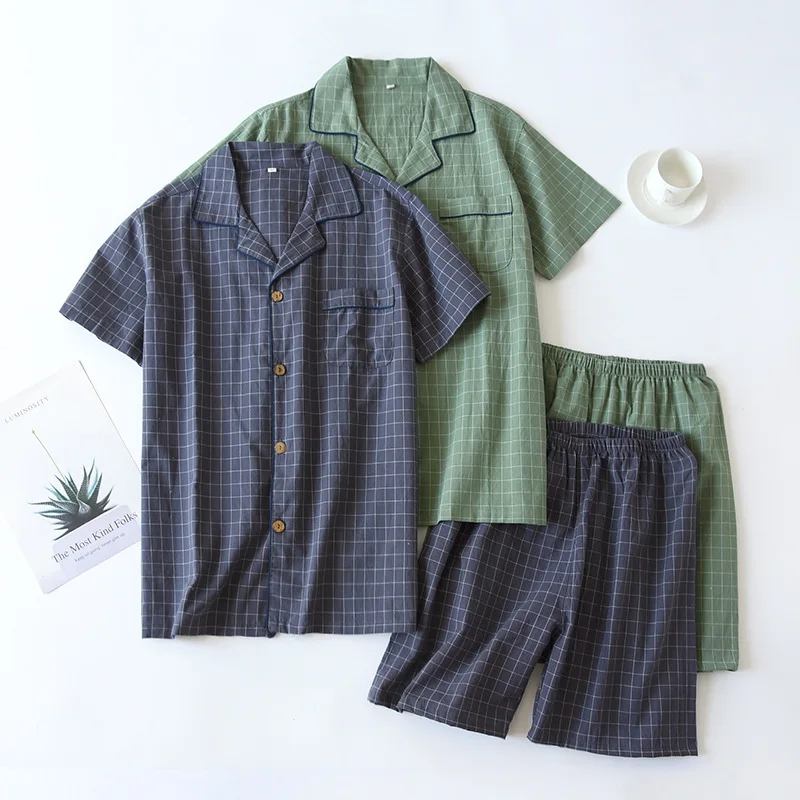 Summer New Couple Pajamas Two-piece Men's Plaid Short-sleeved Shorts 100% Cotton Gauze Ladies Simple Home Service Set Sleepwear