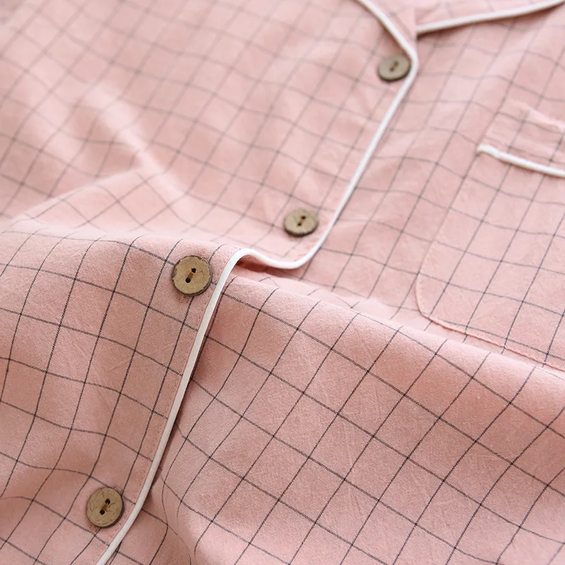 Summer New Couple Pajamas Two-piece Men's Plaid Short-sleeved Shorts 100% Cotton Gauze Ladies Simple Home Service Set Sleepwear