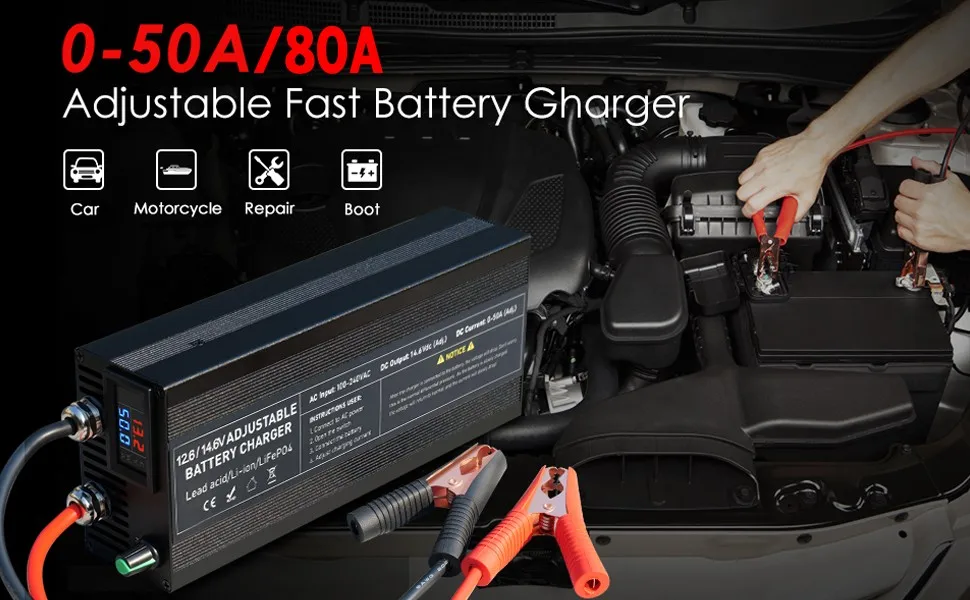 14.6V 80A 50A Battery Charger Lifepo4 Charger Current and Fixed Voltage 100V 240V Power Adapter with Display 40A 30A 20A