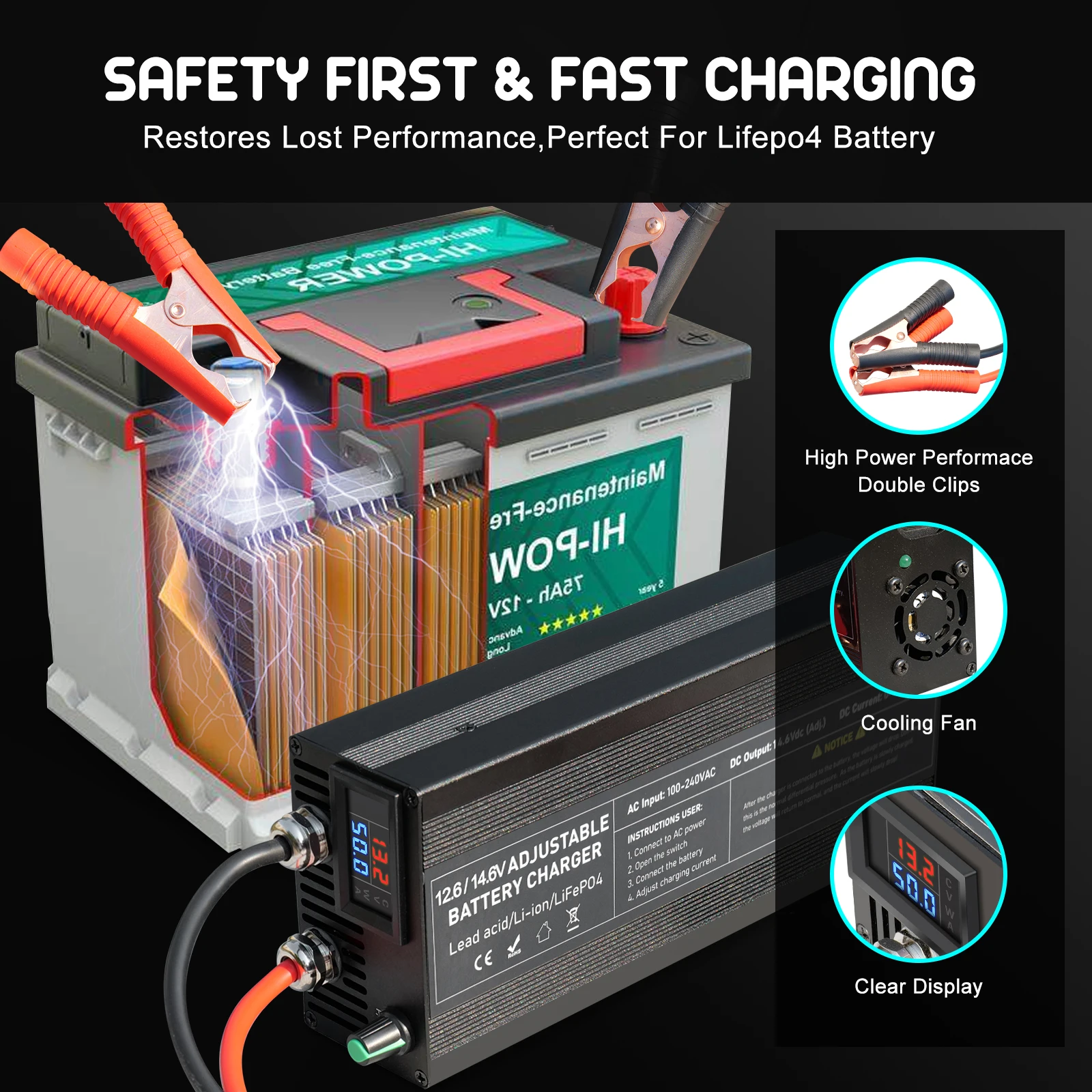 14.6V 80A 50A Battery Charger Lifepo4 Charger Current and Fixed Voltage 100V 240V Power Adapter with Display 40A 30A 20A