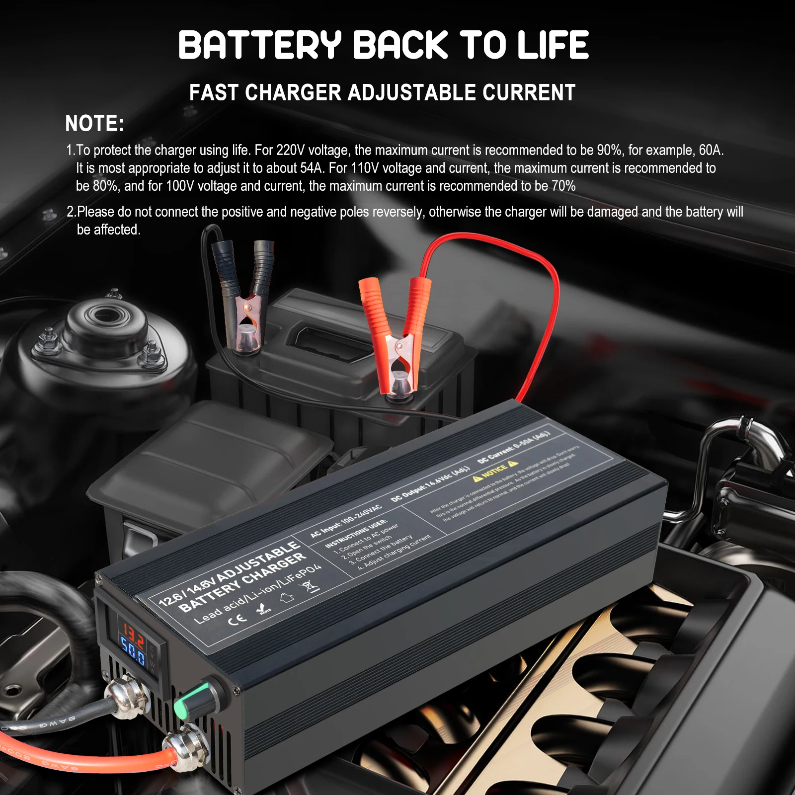 14.6V 80A 50A Battery Charger Lifepo4 Charger Current and Fixed Voltage 100V 240V Power Adapter with Display 40A 30A 20A