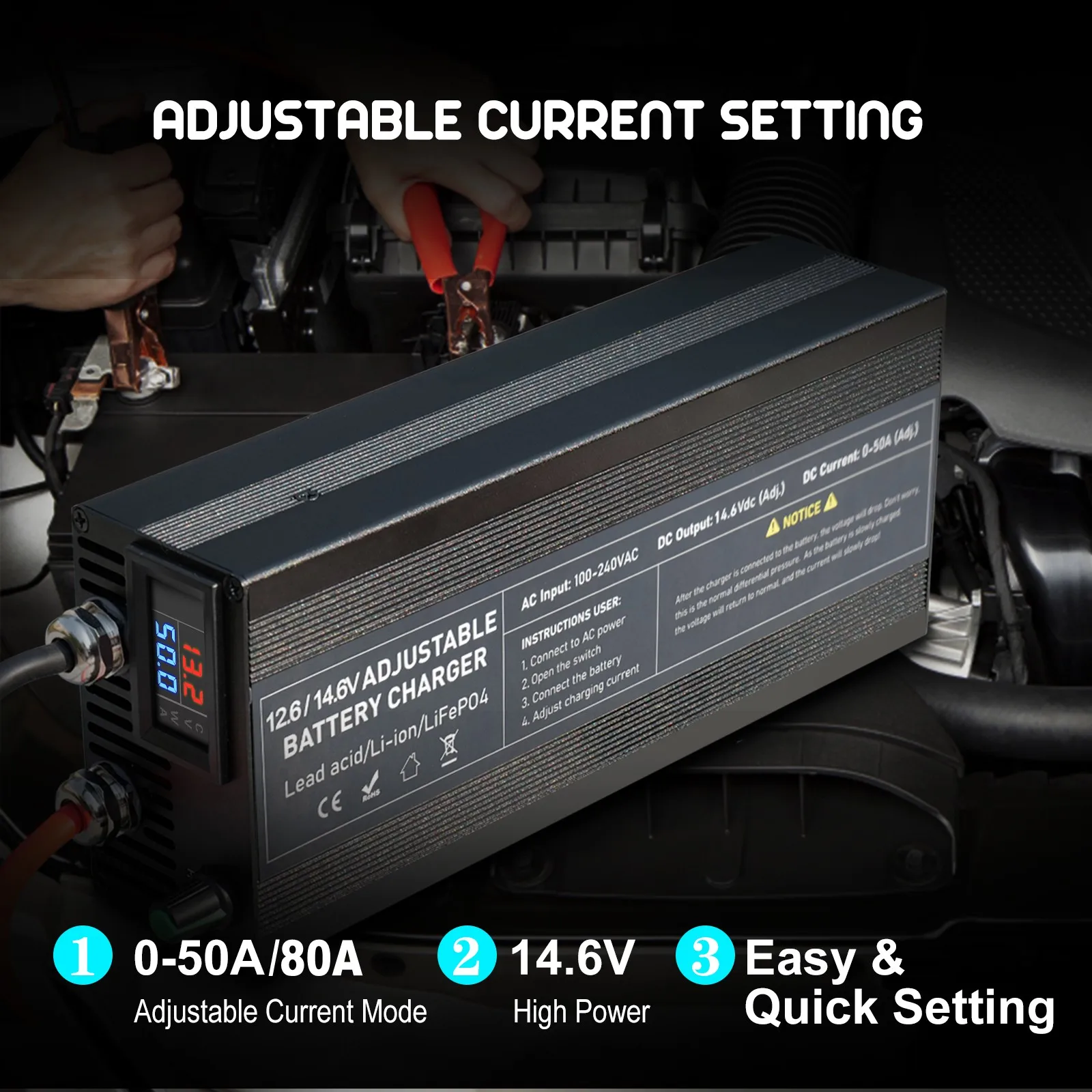 14.6V 80A 50A Battery Charger Lifepo4 Charger Current and Fixed Voltage 100V 240V Power Adapter with Display 40A 30A 20A