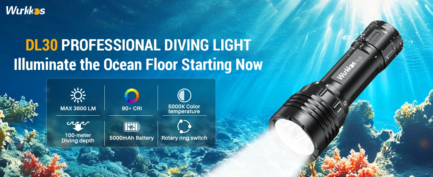 Wurkkos DL30 Diving Flashlight 3600 Lm IPX8 Waterproof 21700 Rechargeable Dive Light Features 3 Modes Suitable for Spearfishing