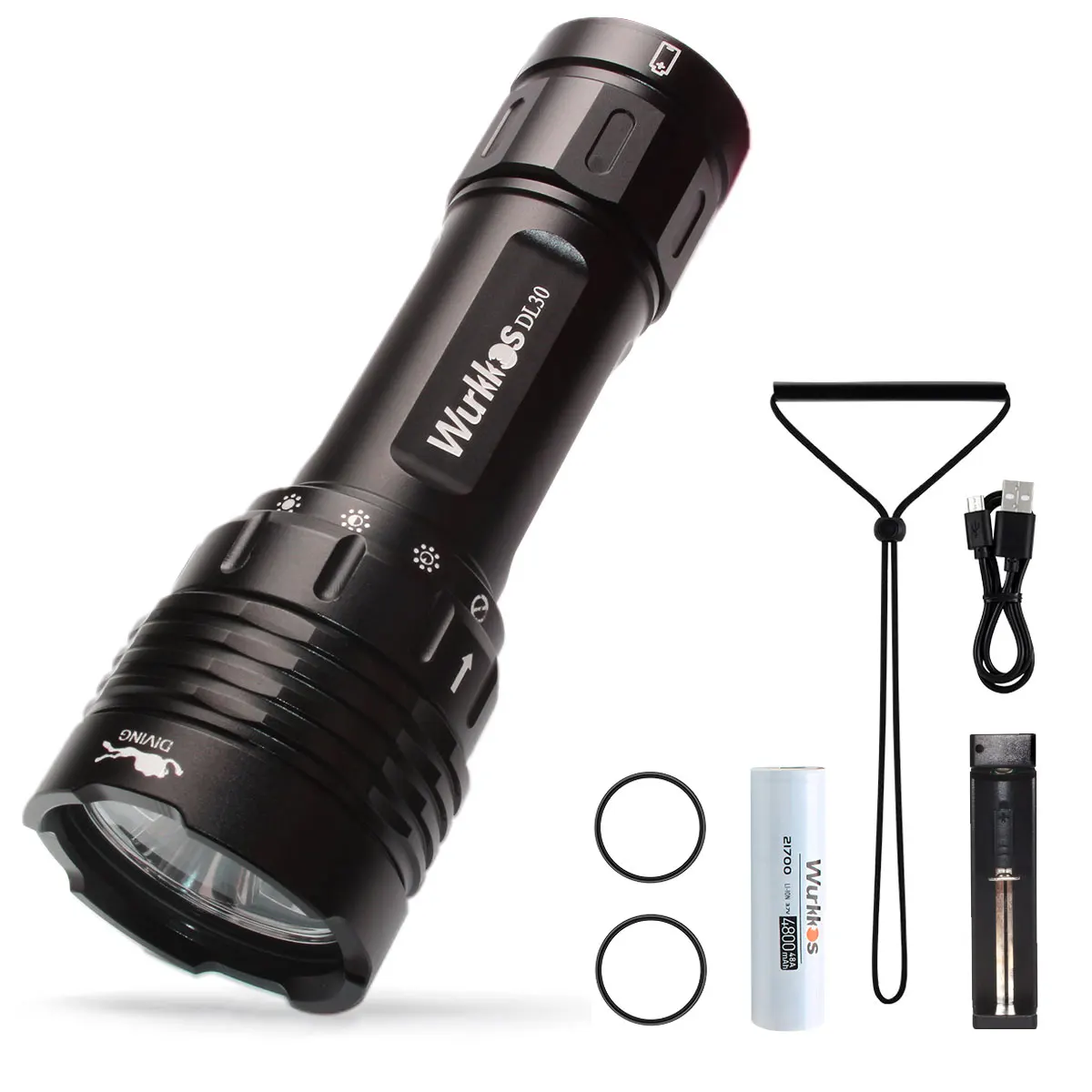 Wurkkos DL30 Diving Flashlight 3600 Lm IPX8 Waterproof 21700 Rechargeable Dive Light Features 3 Modes Suitable for Spearfishing