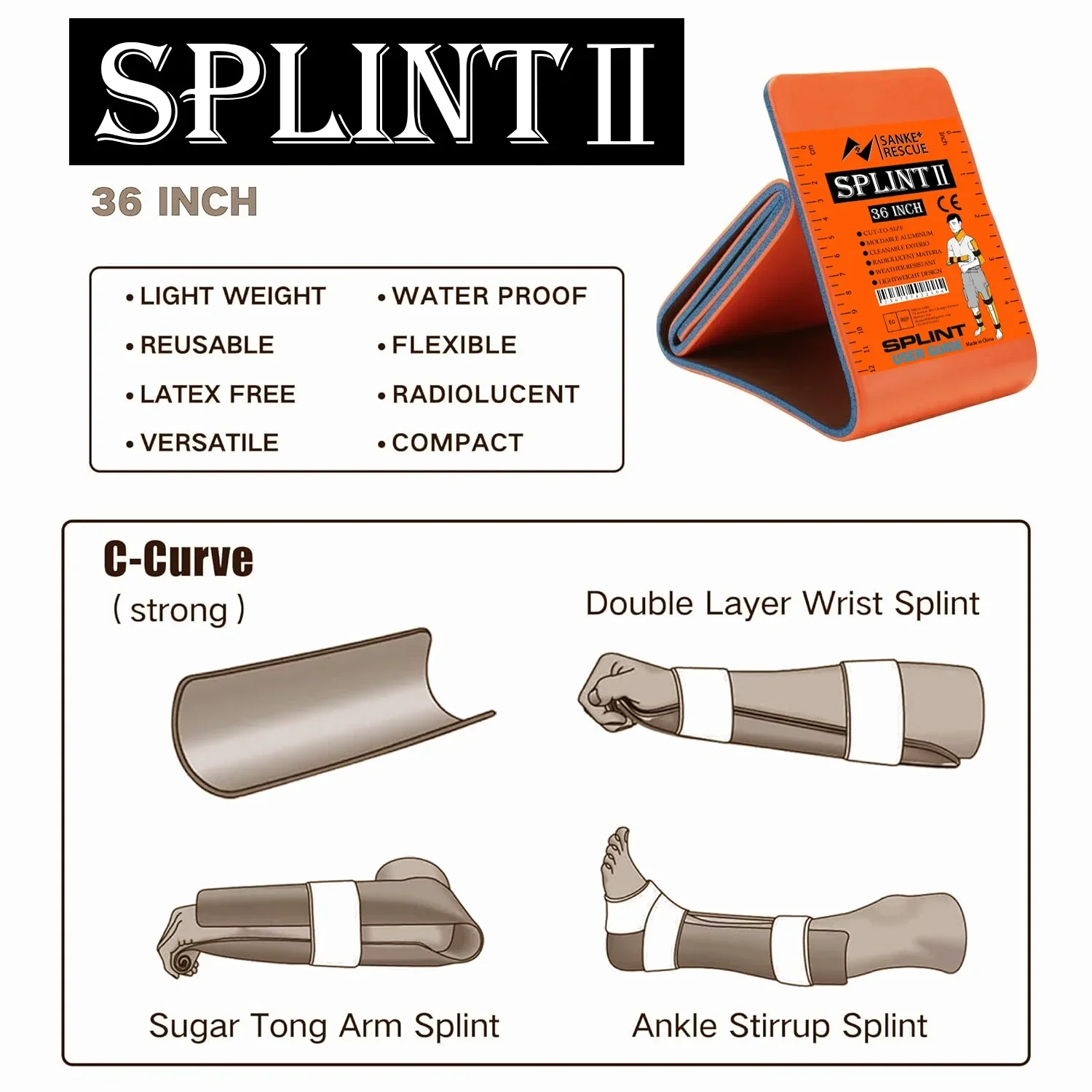 First Aid Splint 18-36" X 4.3" Green-Gray Orange-Blue Keep Bones in Position