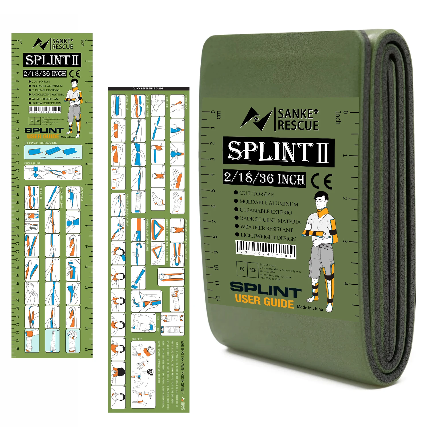 First Aid Splint 18-36" X 4.3" Green-Gray Orange-Blue Keep Bones in Position