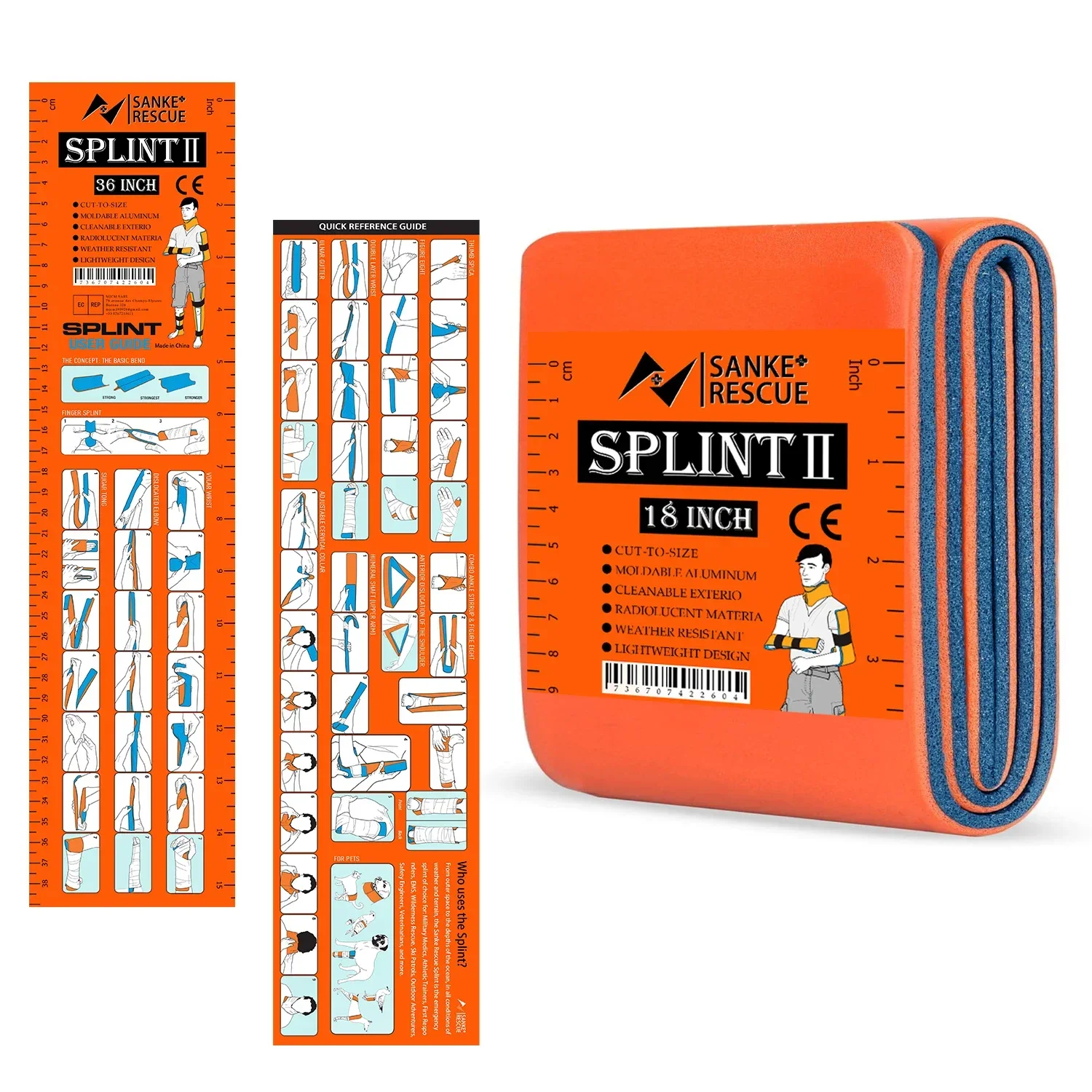 First Aid Splint 18-36" X 4.3" Green-Gray Orange-Blue Keep Bones in Position