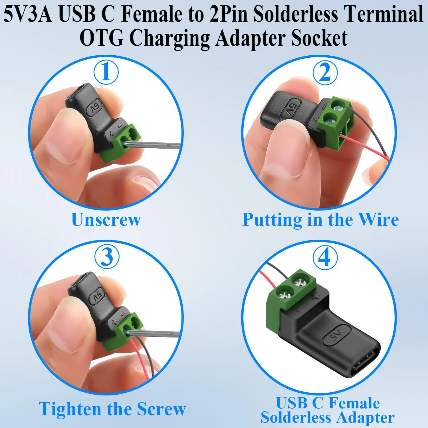 1-4Pcs Solderless Plug USB C to 2Pin Terminal Adapter Screw 5V Crimp Terminal Block Green Type-C to 2 Pin Charging Connector