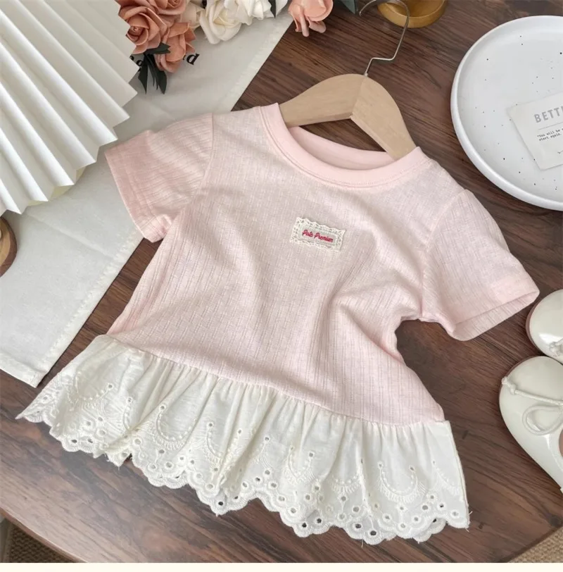 UNITIM Summer Kids Girls Tees Cotton Thin Lace Hem Infant Babys Girls Undershirts Loose Round Collar Children Girl Short Sleeves