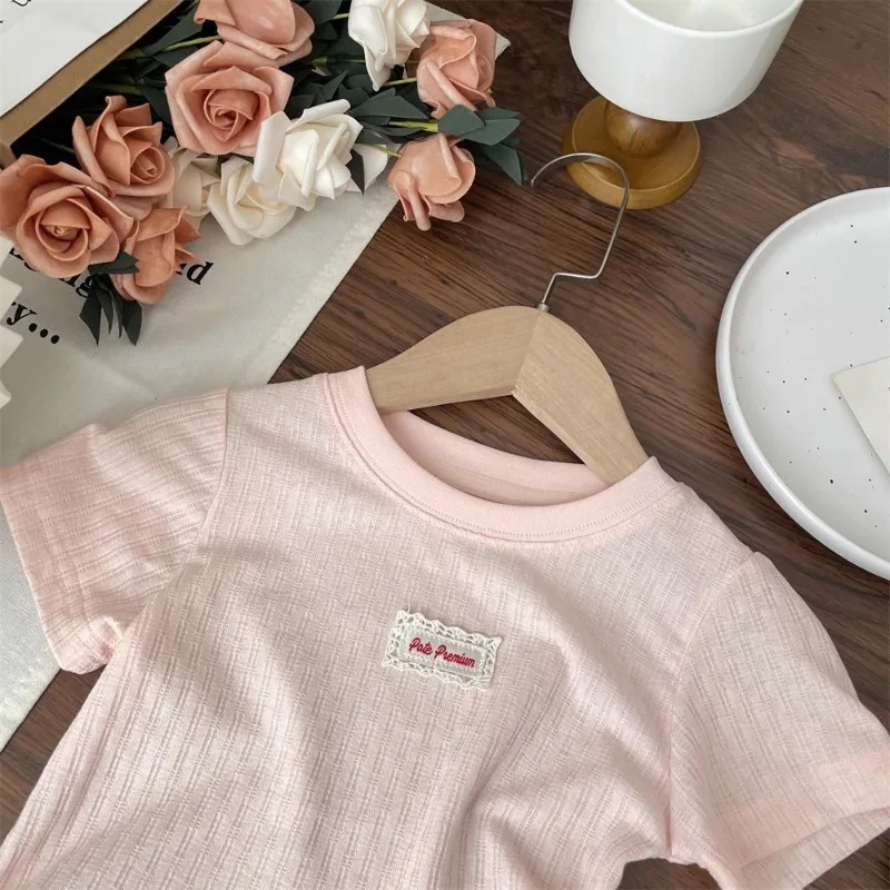 UNITIM Summer Kids Girls Tees Cotton Thin Lace Hem Infant Babys Girls Undershirts Loose Round Collar Children Girl Short Sleeves