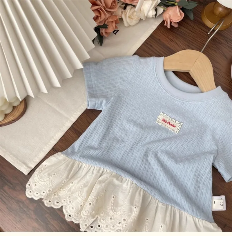 UNITIM Summer Kids Girls Tees Cotton Thin Lace Hem Infant Babys Girls Undershirts Loose Round Collar Children Girl Short Sleeves