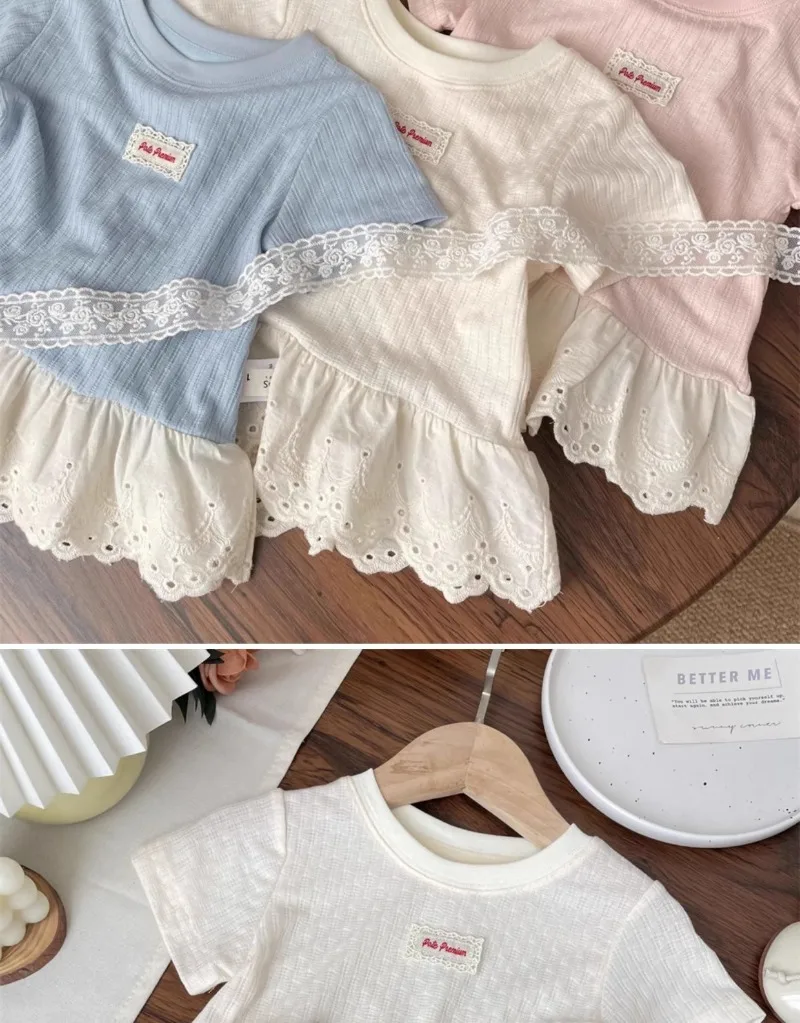 UNITIM Summer Kids Girls Tees Cotton Thin Lace Hem Infant Babys Girls Undershirts Loose Round Collar Children Girl Short Sleeves