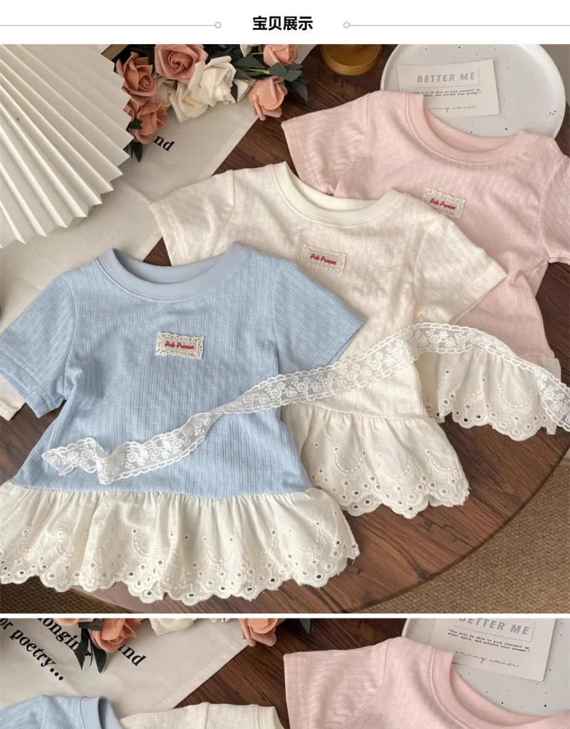 UNITIM Summer Kids Girls Tees Cotton Thin Lace Hem Infant Babys Girls Undershirts Loose Round Collar Children Girl Short Sleeves