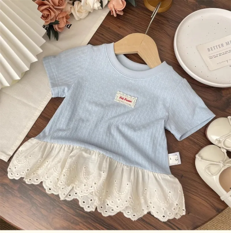 UNITIM Summer Kids Girls Tees Cotton Thin Lace Hem Infant Babys Girls Undershirts Loose Round Collar Children Girl Short Sleeves