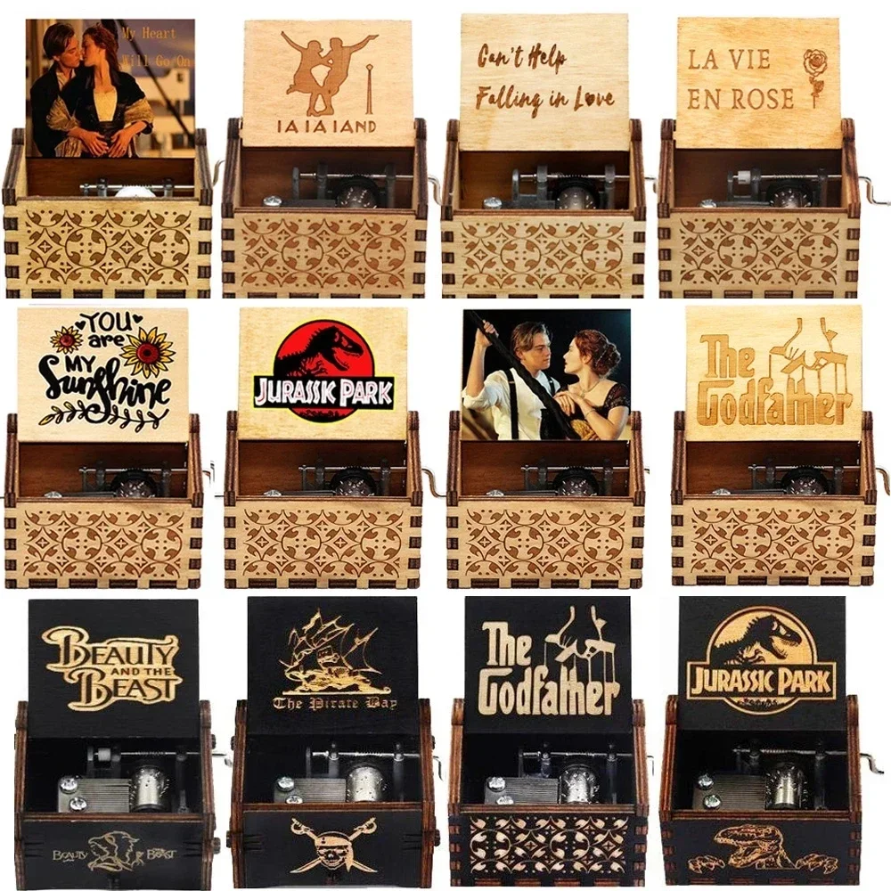 IN STOCK 38 styles Anime Music Box Antique carved Wooden Hand Crank Music Box figure Christmas Birthday Gift