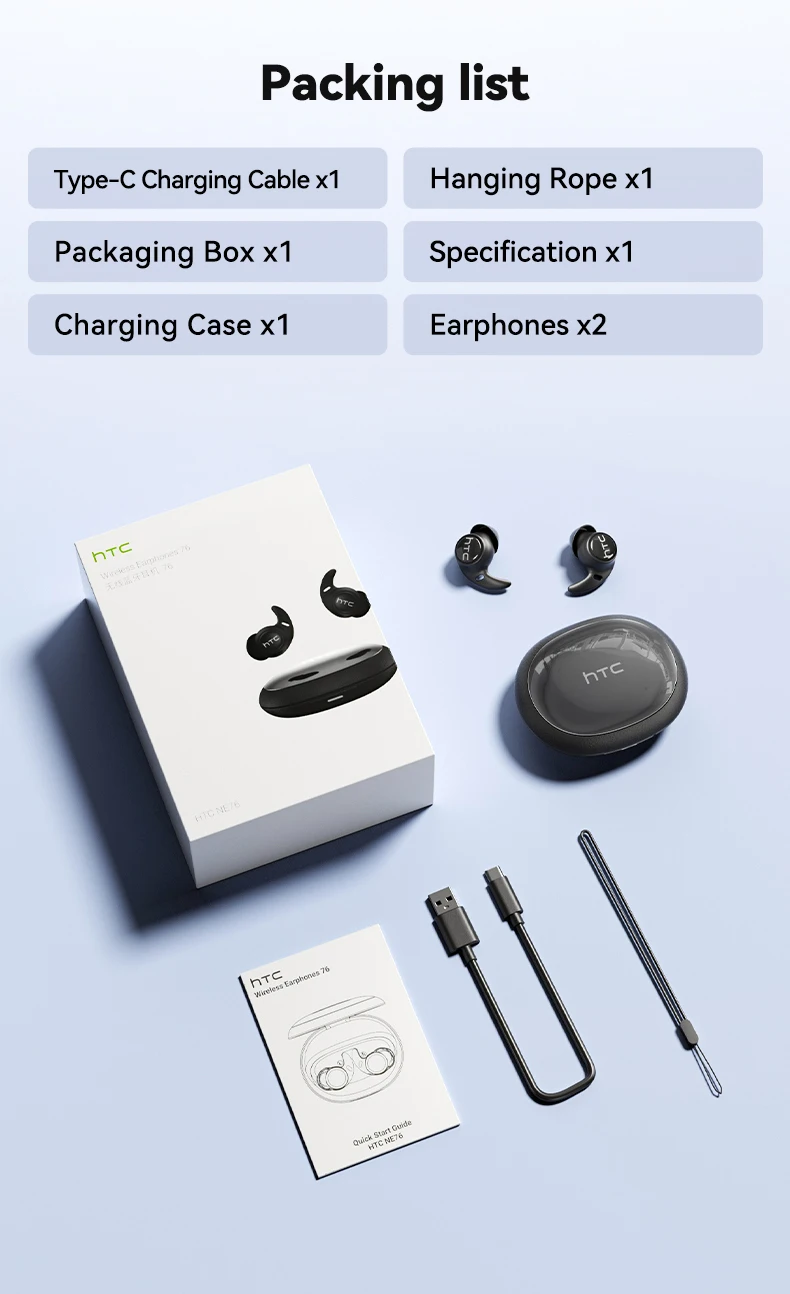 Wireless Bluetooth Headphones HTC NE76 Earbuds AI Smart Translation Earphones 30-Hour Battery Life for Music Office Work Sleep