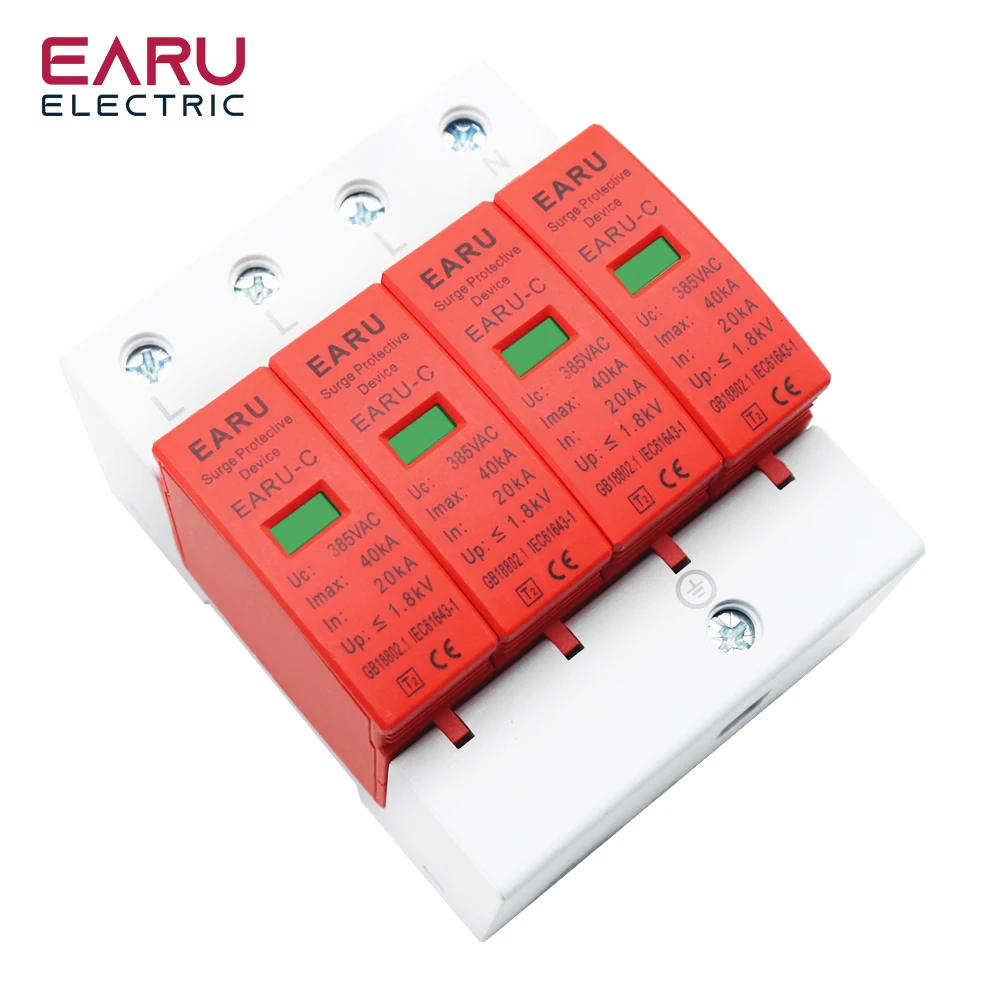 EARU AC 385V SPD 1P 2P 3P 4P 20KA 30KA 40KA 60KA House Lightning Surge Protector Protective Solar PV Low-Voltage Arrester Device