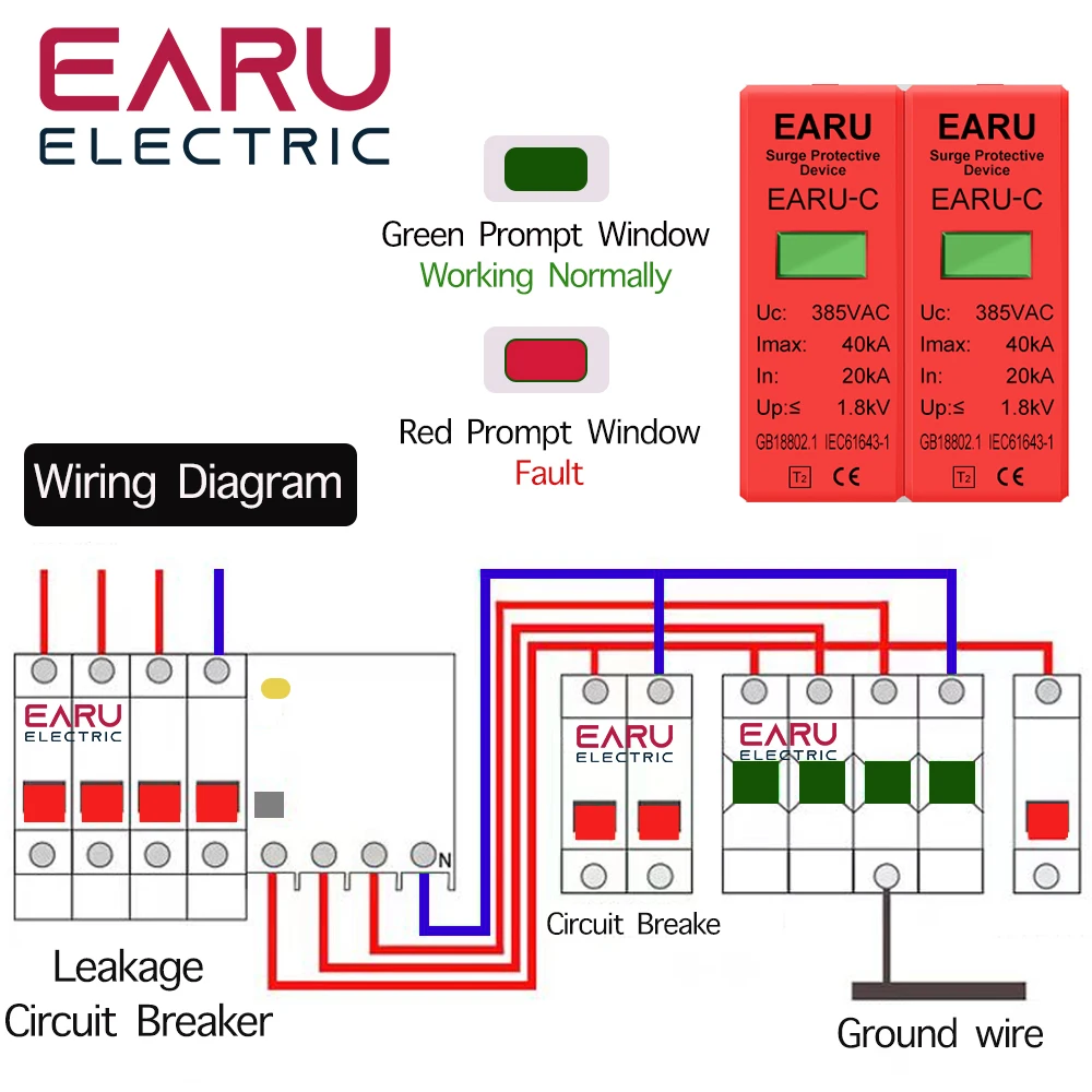 EARU AC 385V SPD 1P 2P 3P 4P 20KA 30KA 40KA 60KA House Lightning Surge Protector Protective Solar PV Low-Voltage Arrester Device