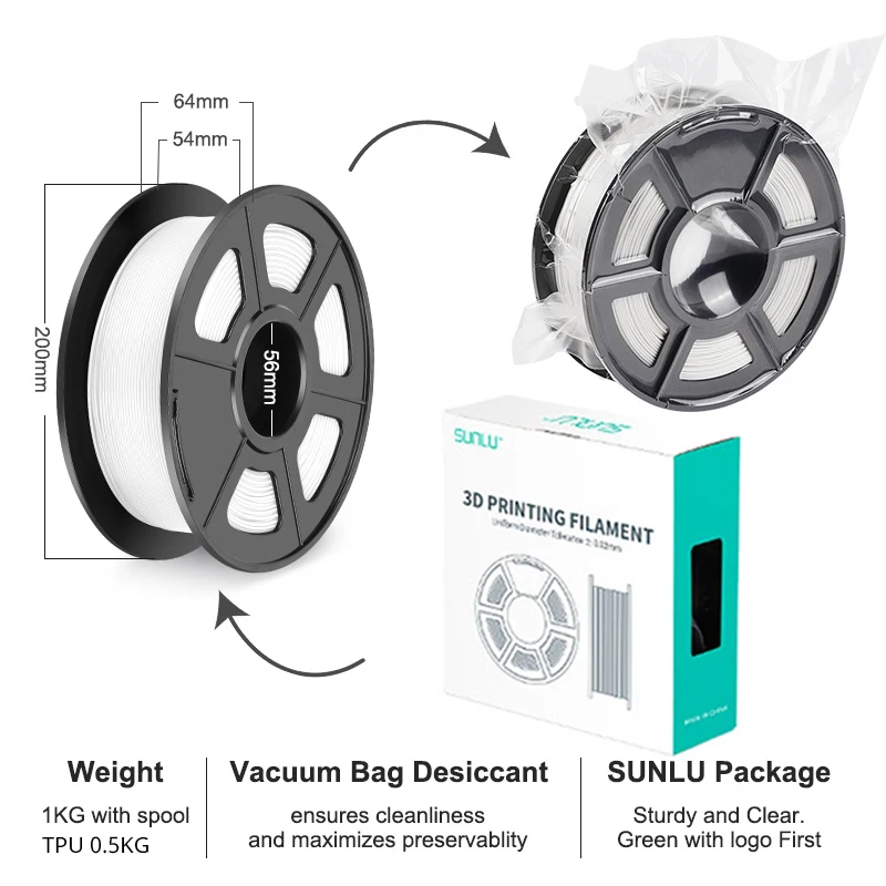 SUNLU PLA 1.75MM PLAPLUS 1KG 3D Printer Filament Arranged Neatly No Knots Non-Toxtic Biodegradable Vacuum Packaging