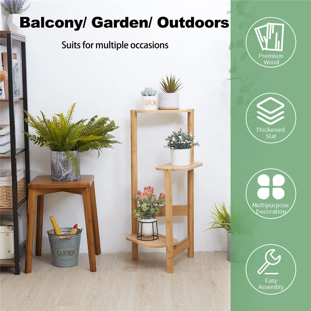 3-Tier Bamboo Plant Stands Indoor, Plant Stand Holder, Corner Shelf, Plant Display Rack for Corner Balcony and Bedroom