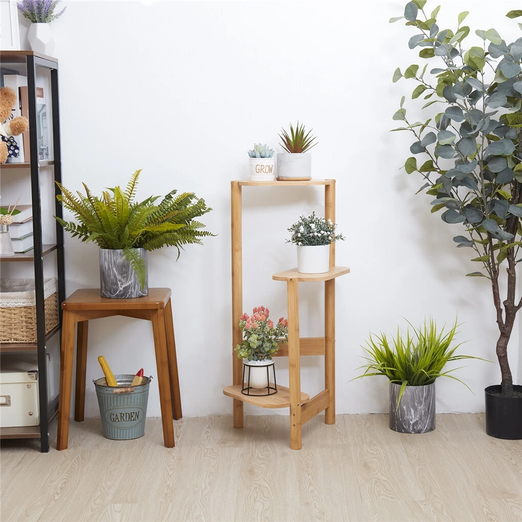 3-Tier Bamboo Plant Stands Indoor, Plant Stand Holder, Corner Shelf, Plant Display Rack for Corner Balcony and Bedroom