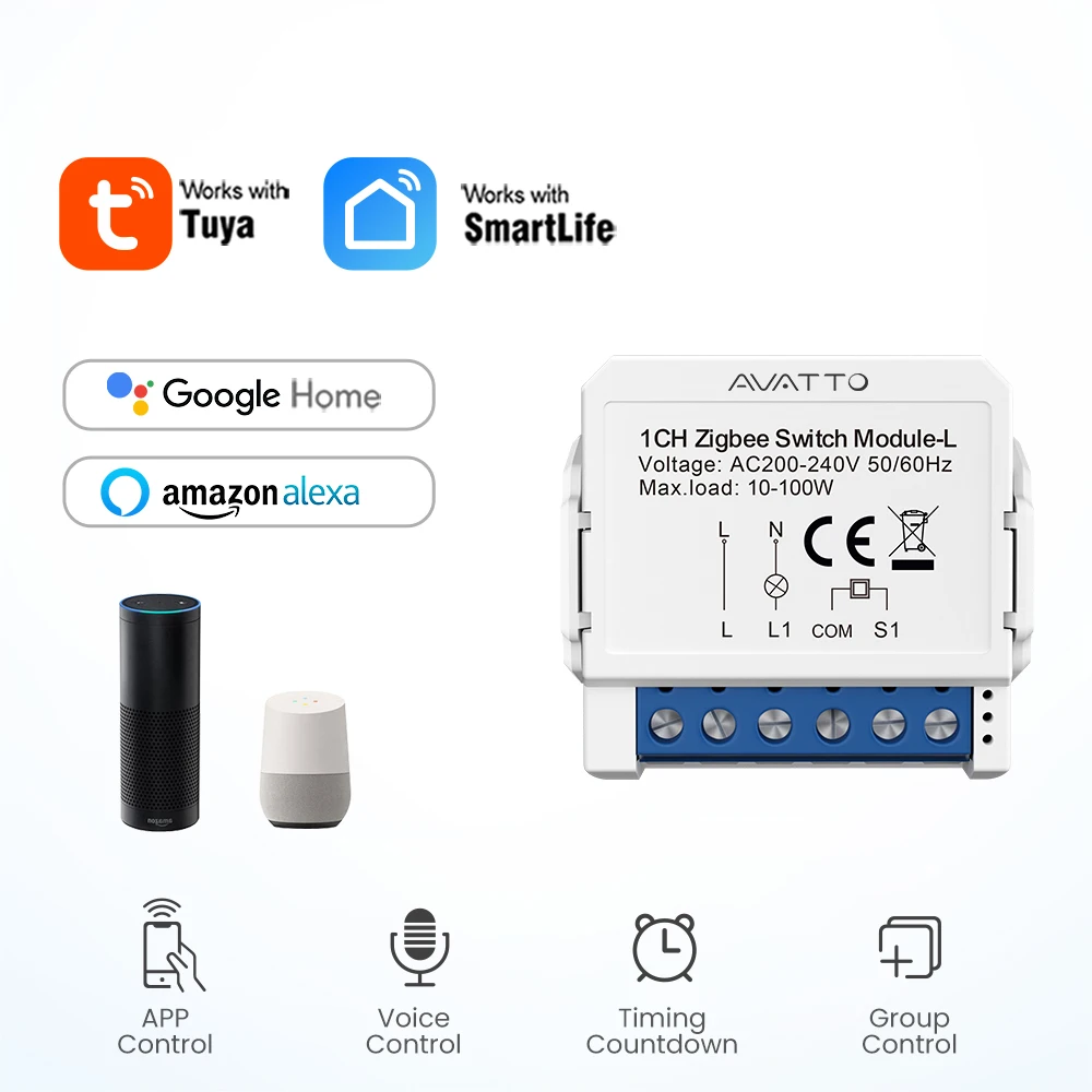 AVATTO 1/2/3 Gang Tuya Zigbee Light Switch Module No Neutral Wire, 2 Way Control DIY Smart Breaker Works with Alexa Google Home