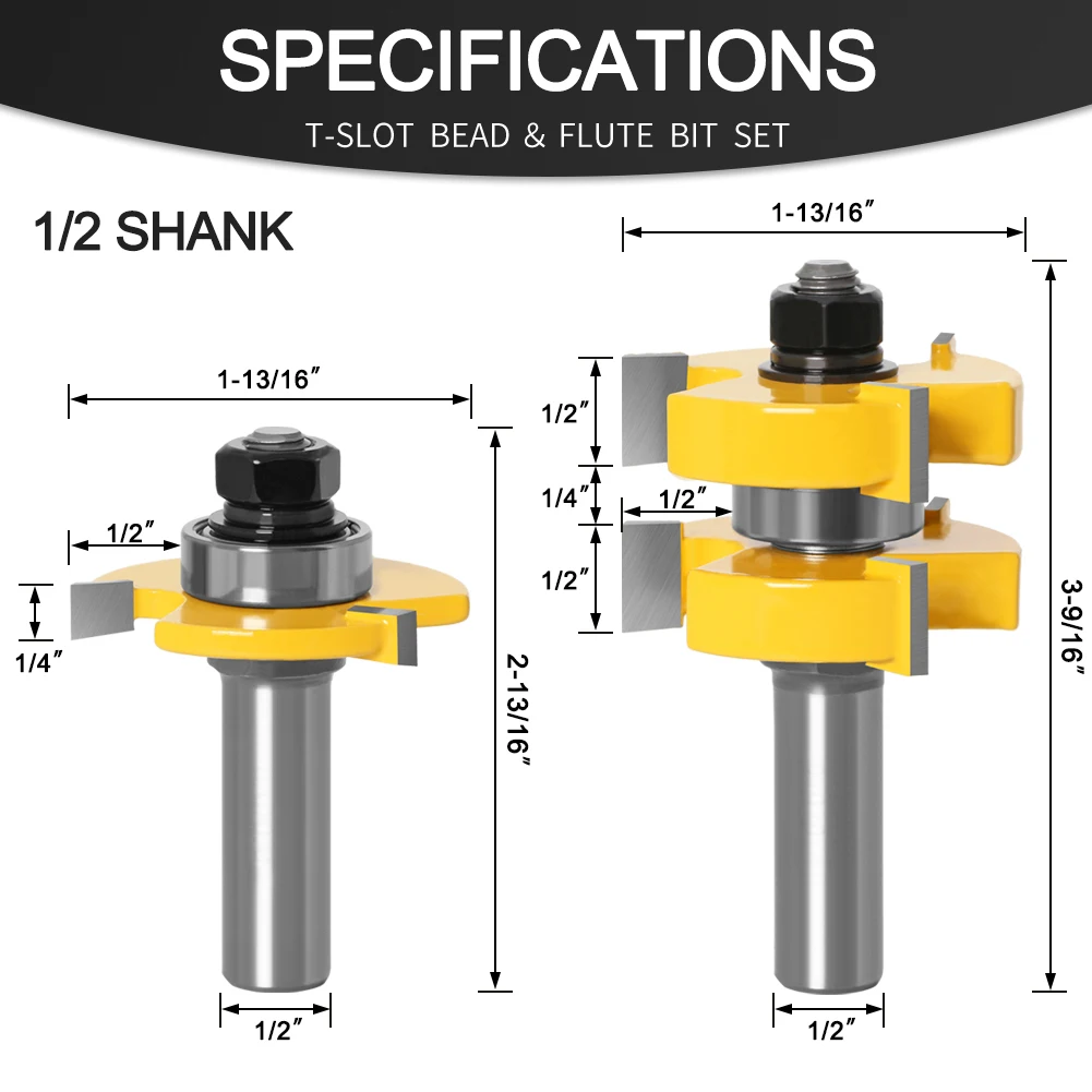 2pc 1/4'1/2' Shank 6mm 8mm 12mm Shank Tongue & Groove Router Bit Set - Large Stock Woodworking Cutter Tenon Cutter for Woodworki