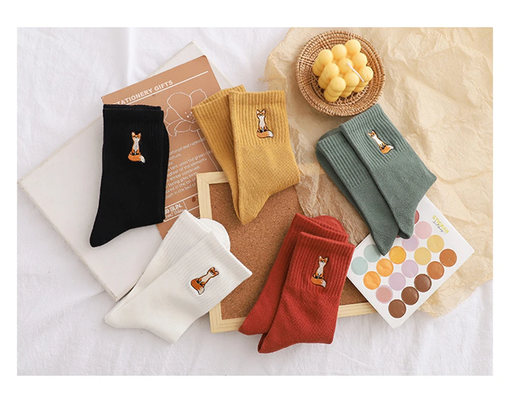New Cute Embroidery Cartoon Animal Socks Funny Pets Little Fox Patterned Cotton Art Chaussettes Dropship