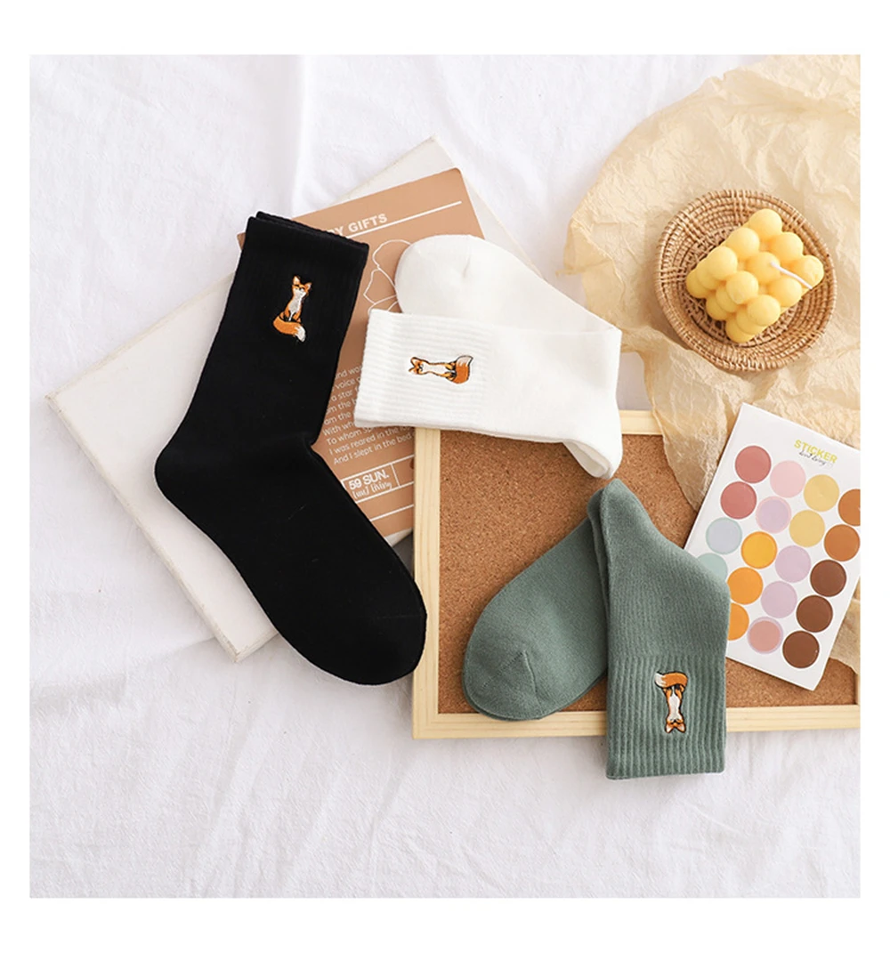 New Cute Embroidery Cartoon Animal Socks Funny Pets Little Fox Patterned Cotton Art Chaussettes Dropship