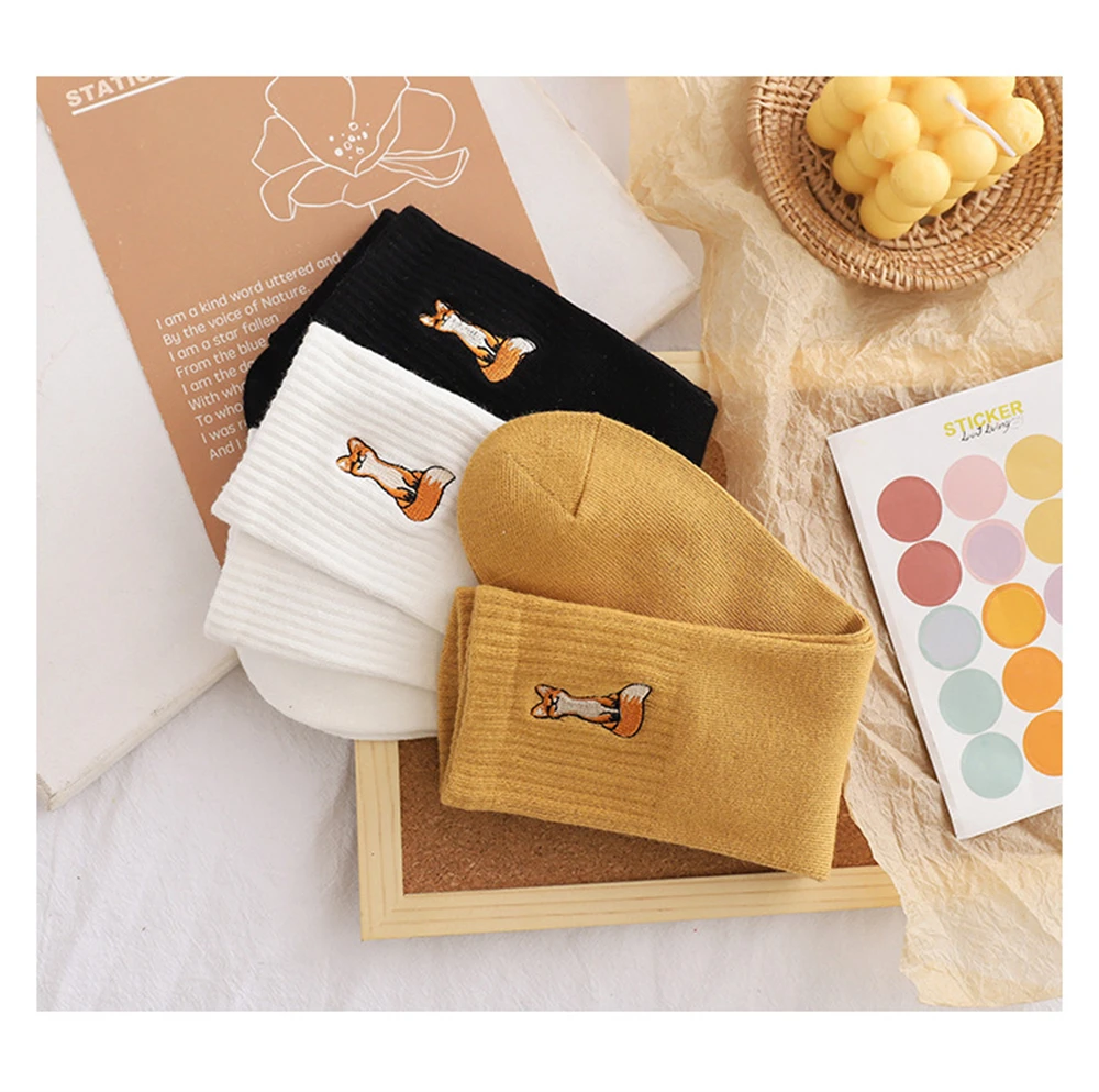 New Cute Embroidery Cartoon Animal Socks Funny Pets Little Fox Patterned Cotton Art Chaussettes Dropship