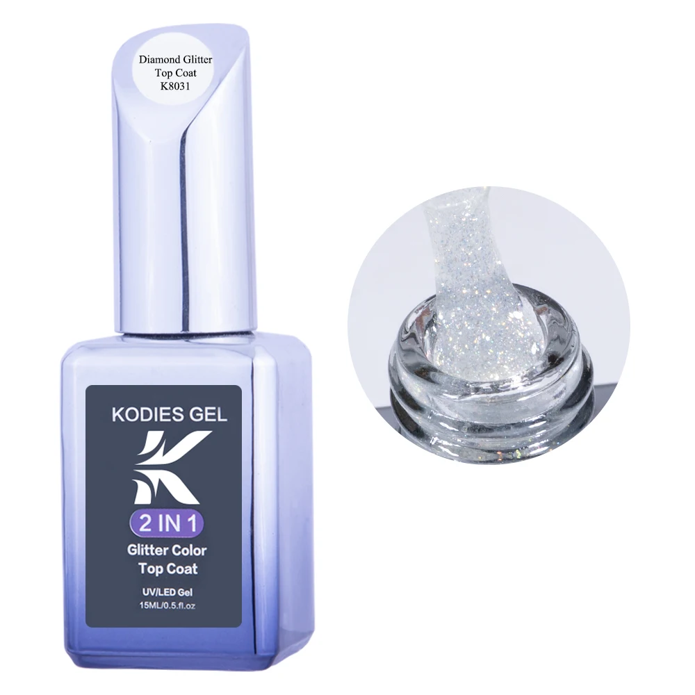KODIES GEL Diamond Top Coat for Nail Varnish 15ML Super Shine UV Gel Nail Polish Soak Off Semi Permanent Glitter Topcoat No Wipe
