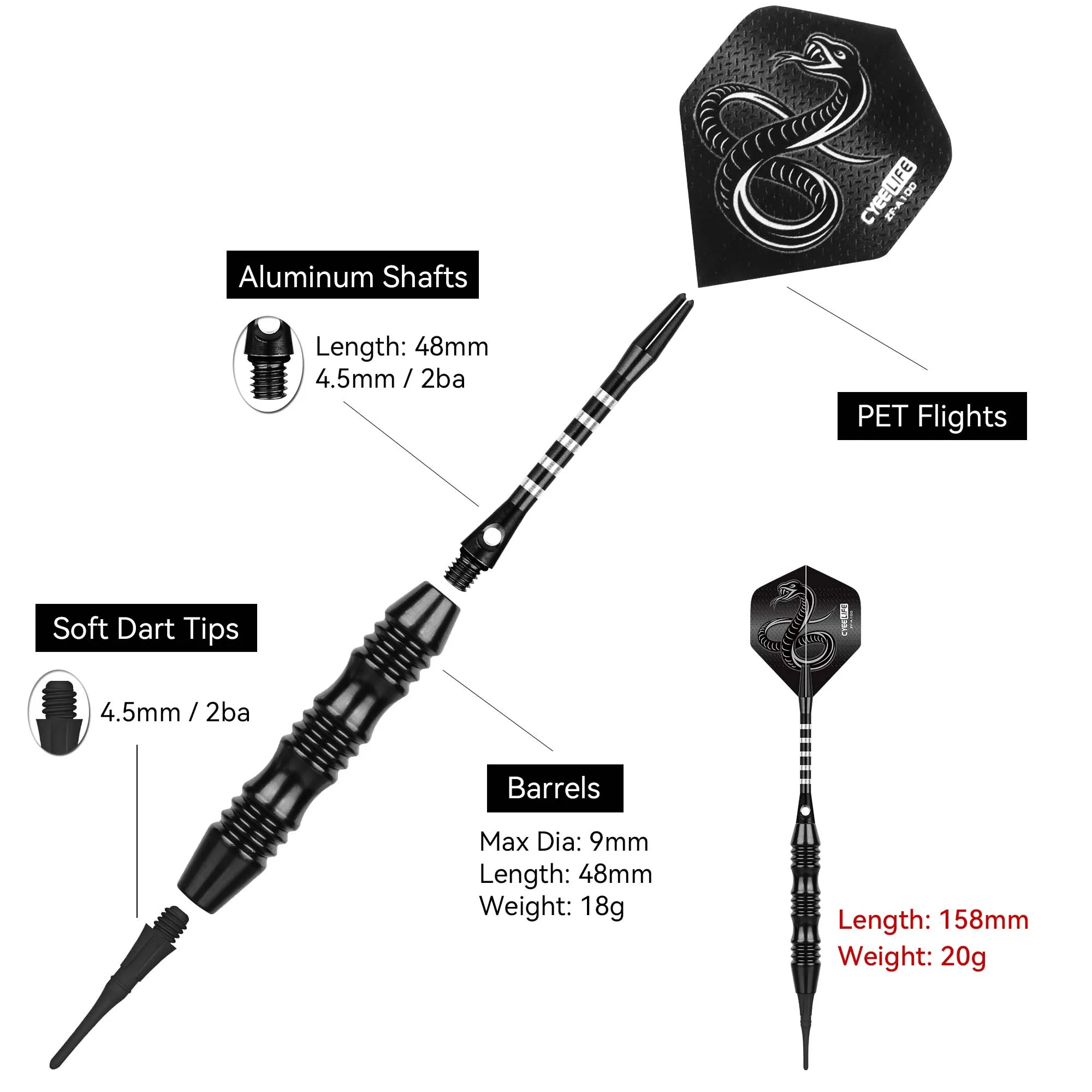 CyeeLife 20g 3pcs Tip Darts Aluminum Shaft Electronic Plastic Dartboard Indoor Outdoor Games Family Bar Entertainment
