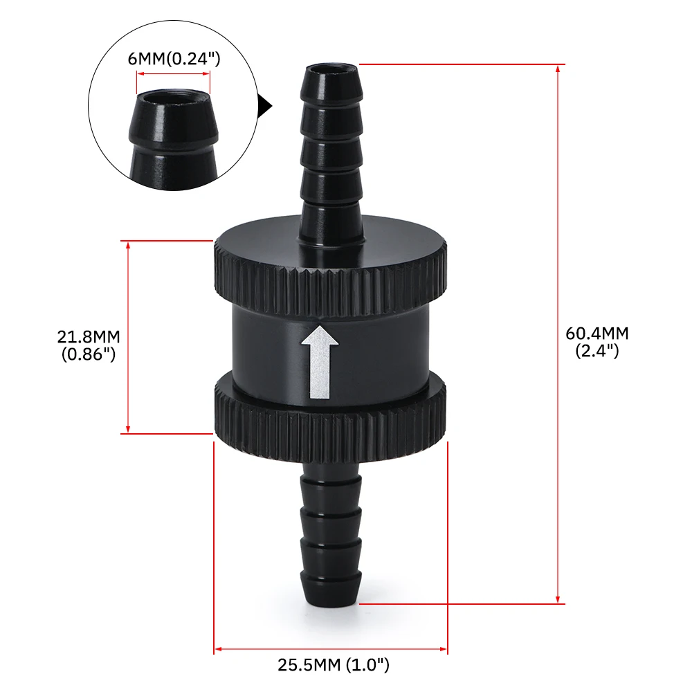 6 Size 4MM / 6MM / 8MM / 10MM / 12MM / 16MM Non Return One Way Fuel Check Valve Aluminum Alloy Petrol Diesel