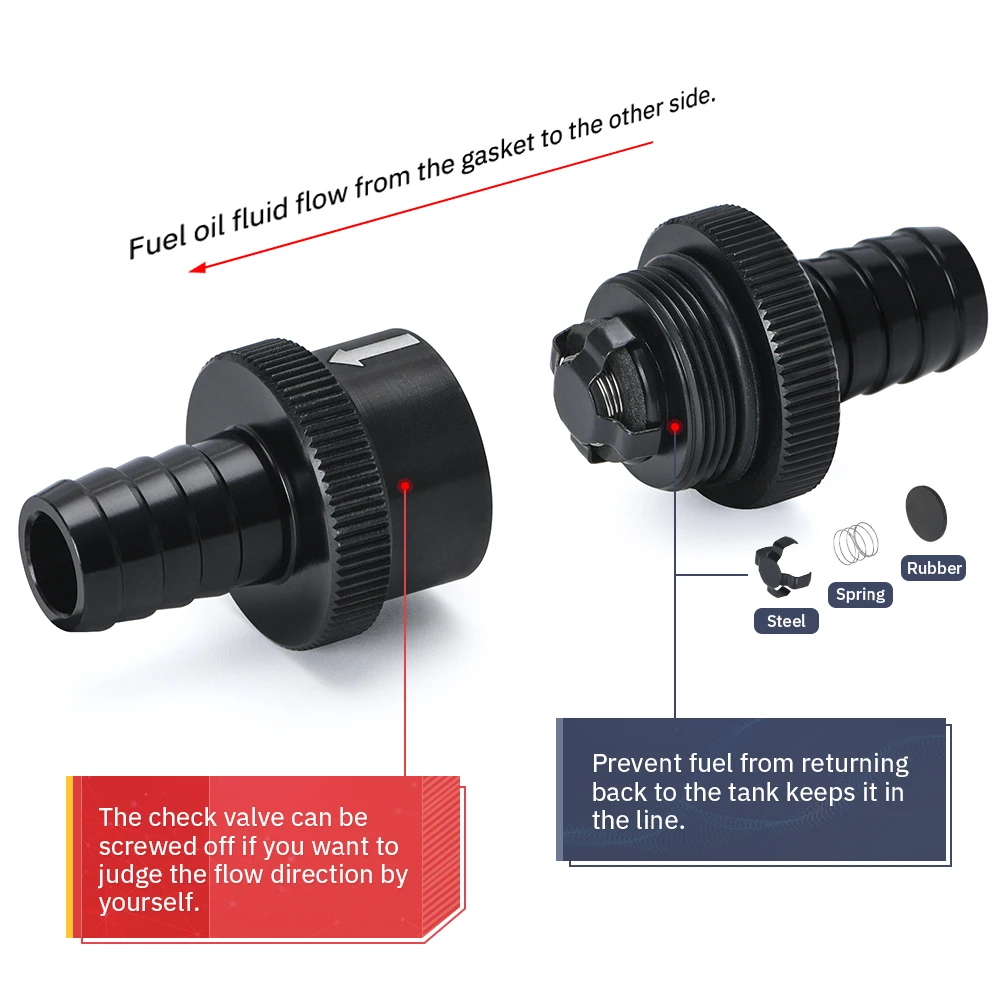 6 Size 4MM / 6MM / 8MM / 10MM / 12MM / 16MM Non Return One Way Fuel Check Valve Aluminum Alloy Petrol Diesel