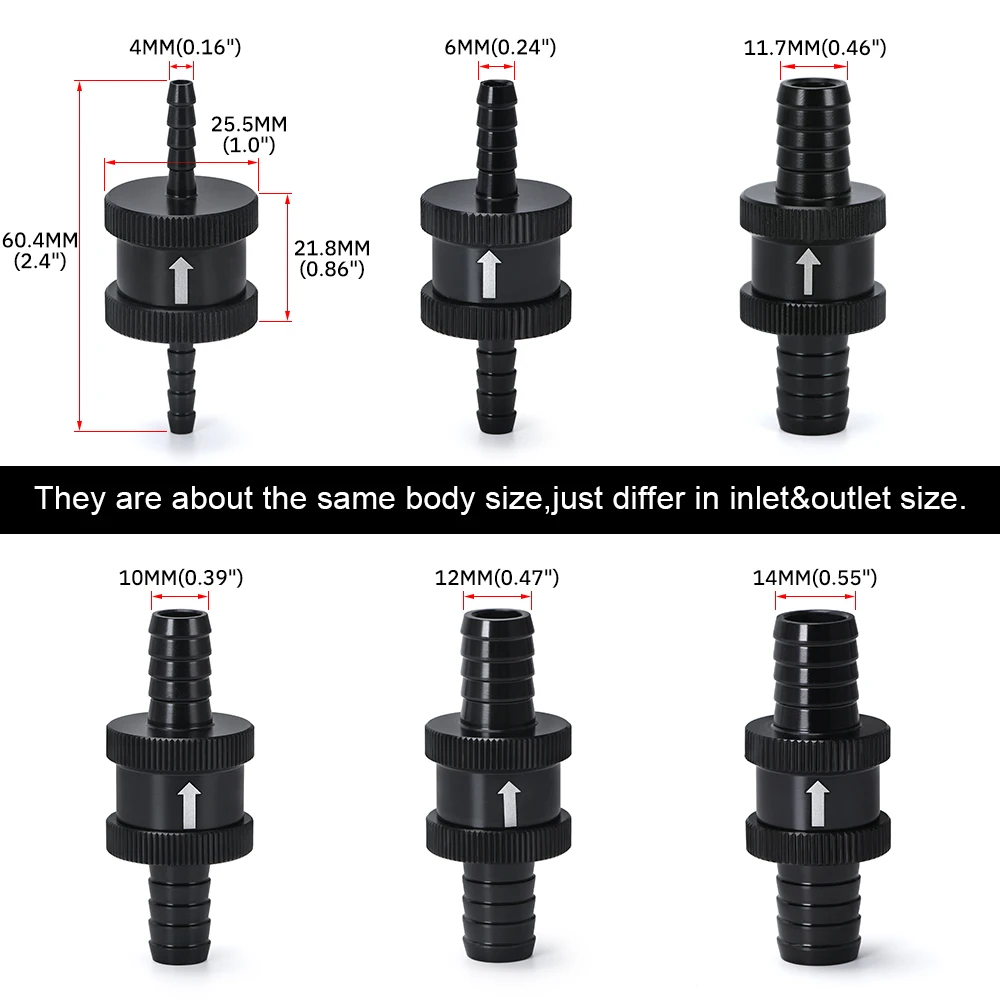 6 Size 4MM / 6MM / 8MM / 10MM / 12MM / 16MM Non Return One Way Fuel Check Valve Aluminum Alloy Petrol Diesel